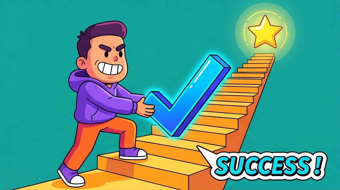 An illustration of a person building a staircase with a habit tracker to achieve goals, inspired by the Atomic Habits methodology.