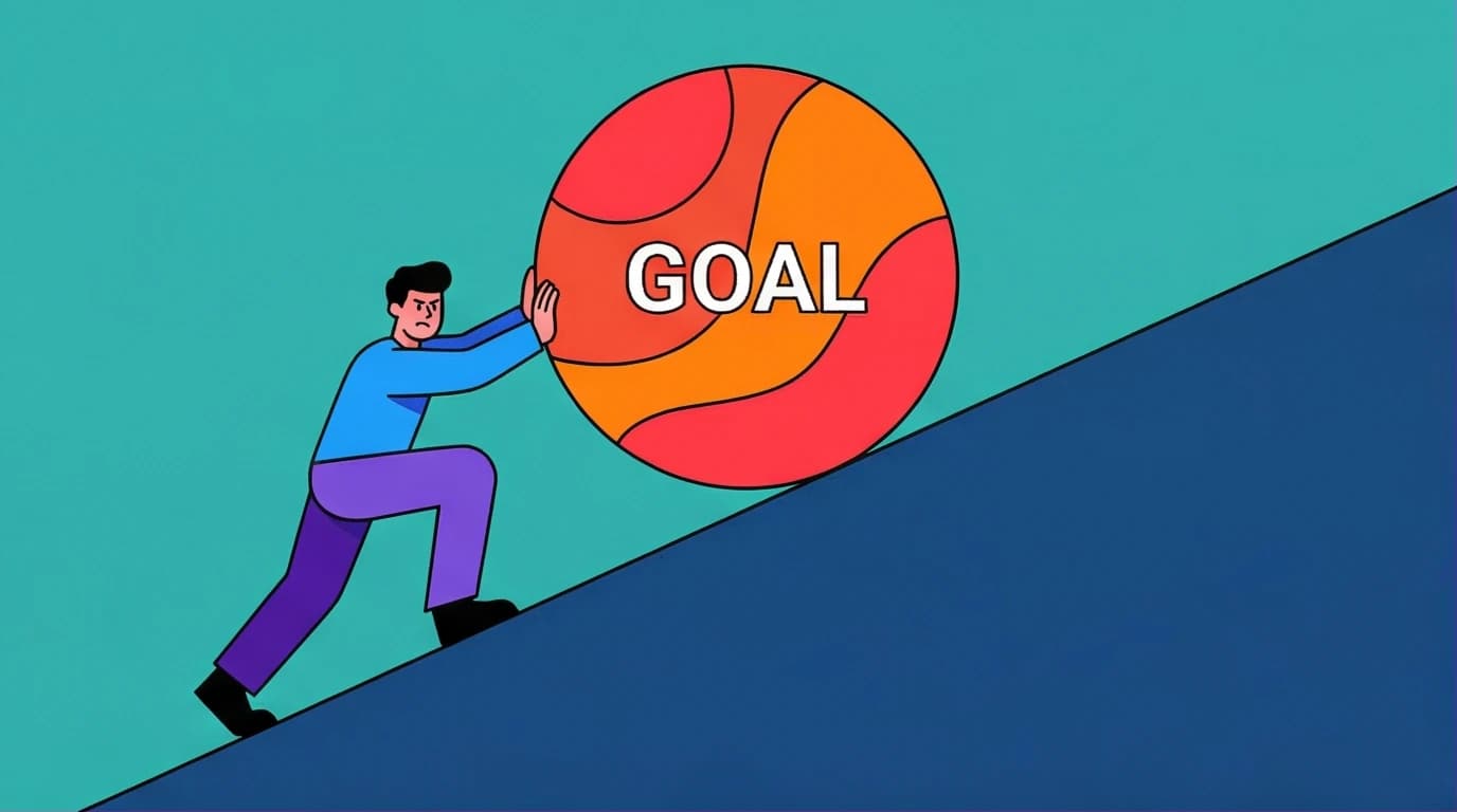 Illustration on how to develop grit, showing a determined person pushing a heavy goal uphill, symbolizing long-term perseverance.