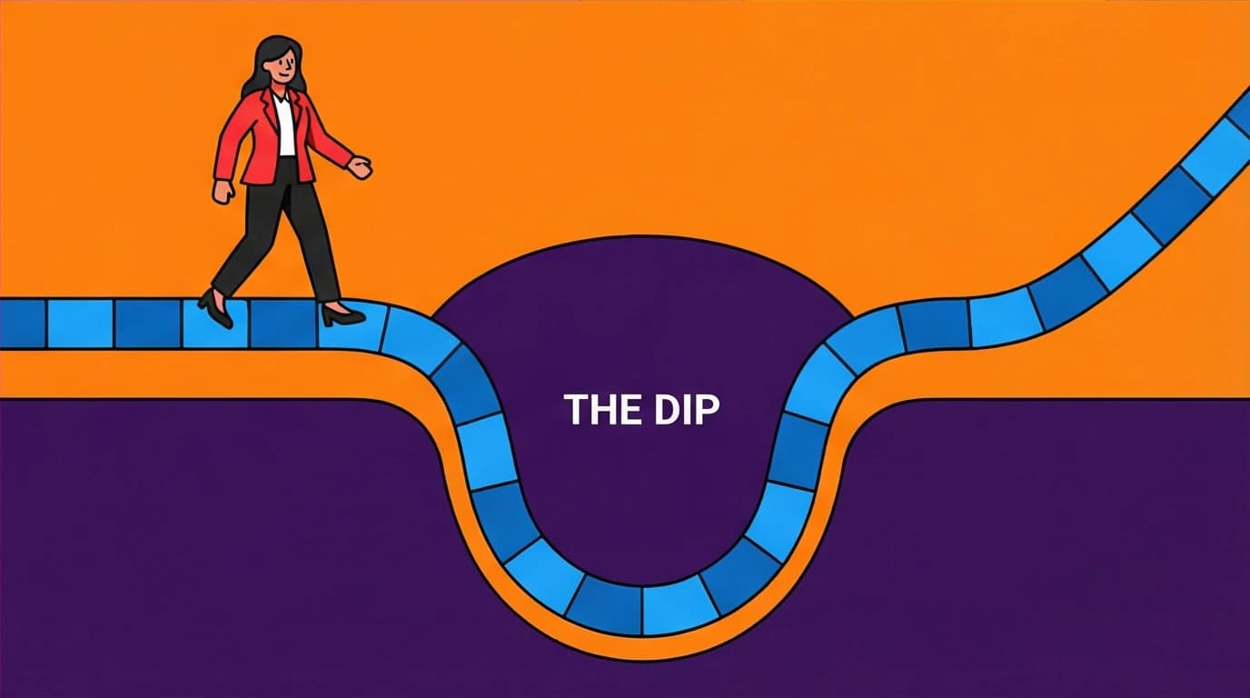 A professional with grit navigating 'The Dip,' a difficult but temporary phase of a project, on the path to long-term goals.