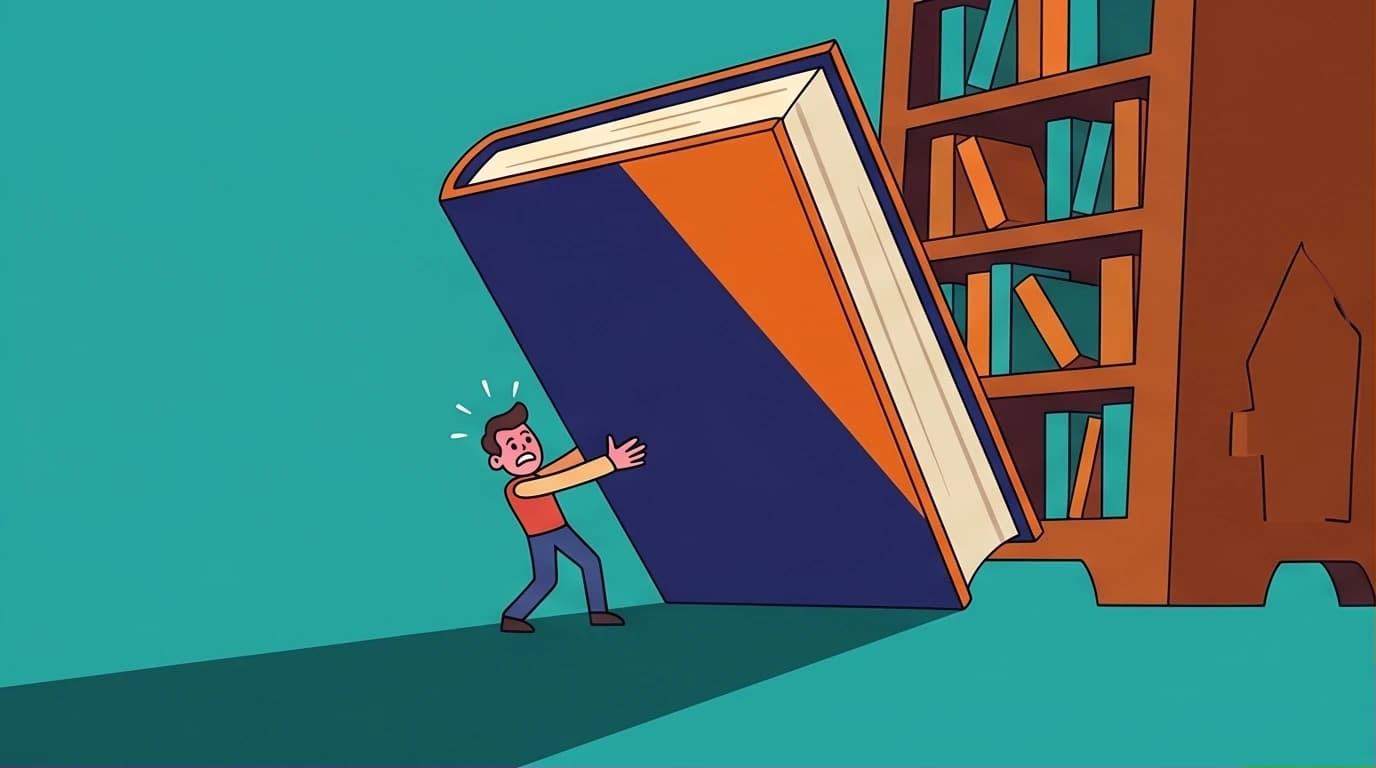 An illustration of a reader feeling overwhelmed by the 1,000-page masterpiece Don Quixote, a key challenge in how to read the book.