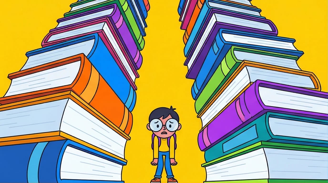 An illustration of a student overwhelmed by a giant stack of books, representing the challenge of college reading before learning how to skim textbooks.