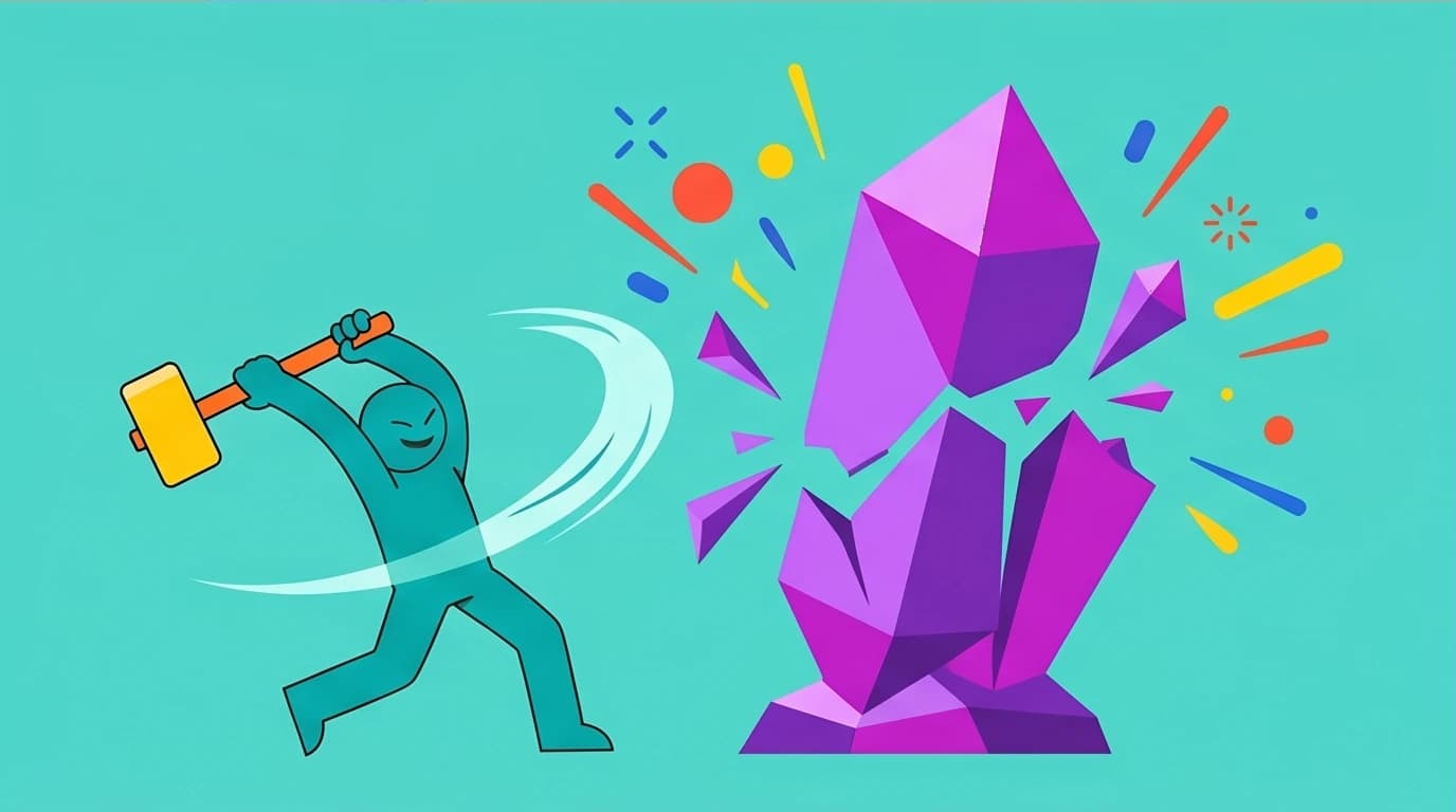 A character shatters a perfect sculpture to reveal progress, illustrating the 'done is better than perfect' strategy to improve execution.