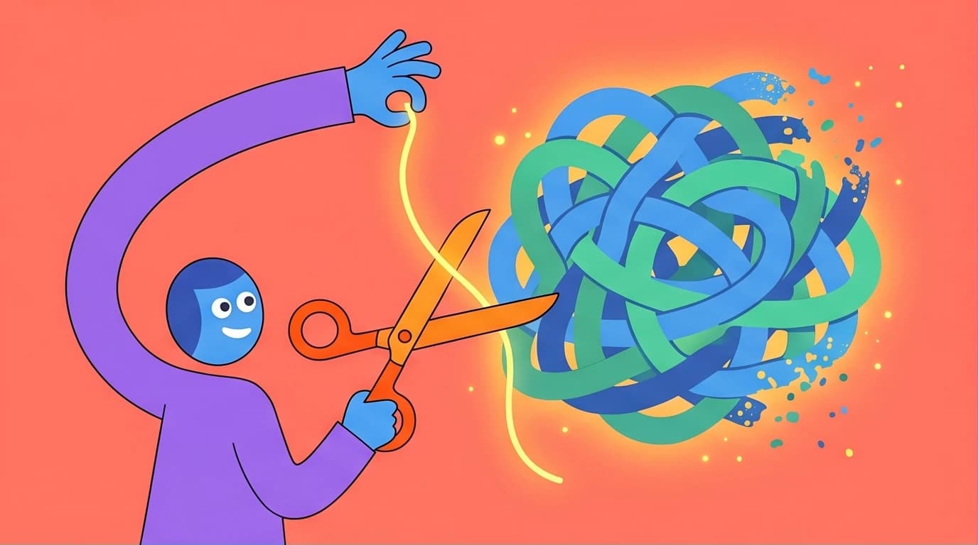 Illustration of a person breaking free from a complex plan with scissors, a guide to improving execution and overcoming procrastination.