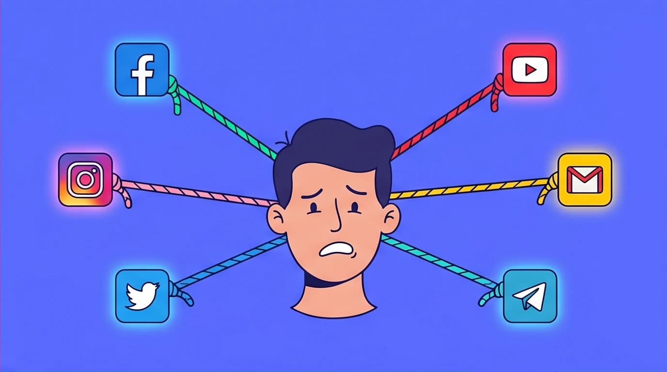 Illustration of the multitasking myth, where a person's attention is fragmented by digital distractions from app notifications.
