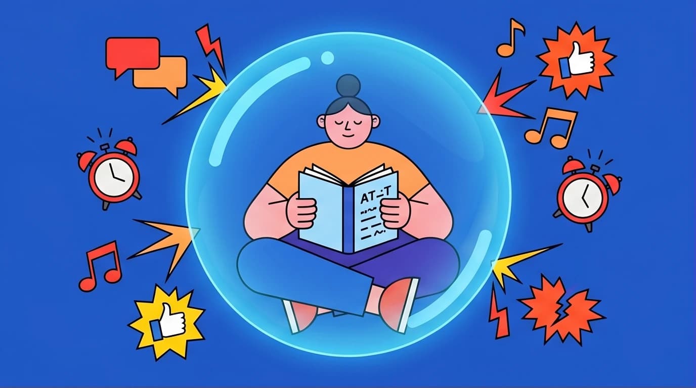 Illustration of introvert advantages. A person sits calmly in a protective bubble, shielded from social noise, representing quiet power.