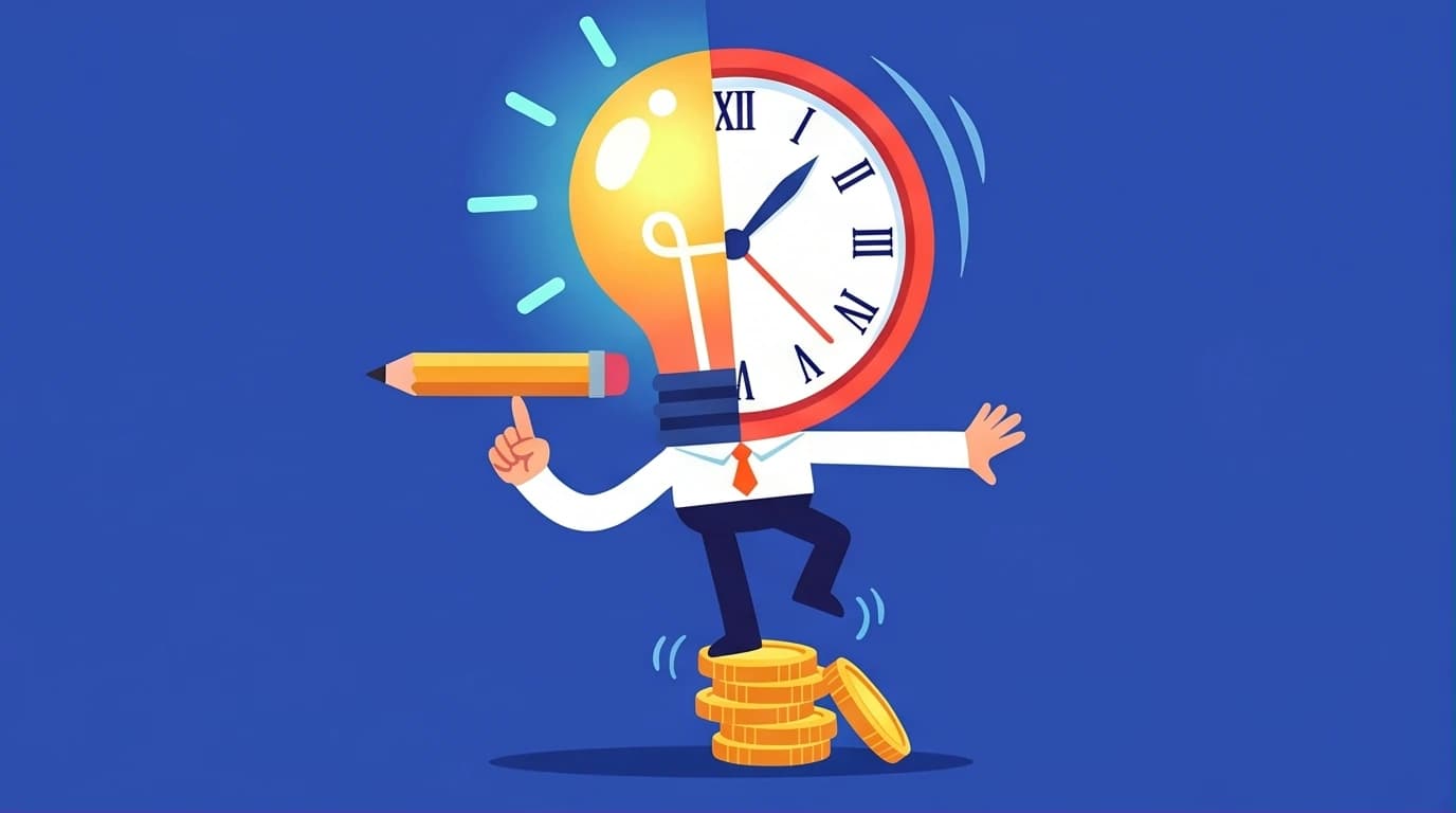 Illustration of a professional balancing time, money, and skill to determine if the cost of Skillshare is worth the investment for creative learning.