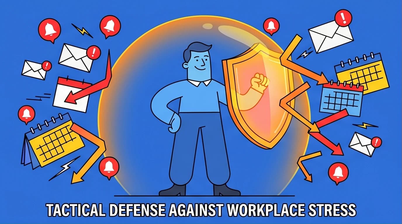 A professional uses a strategic blueprint to manage stress at work, deflecting a storm of emails and notifications with a shield to illustrate setting boundaries.