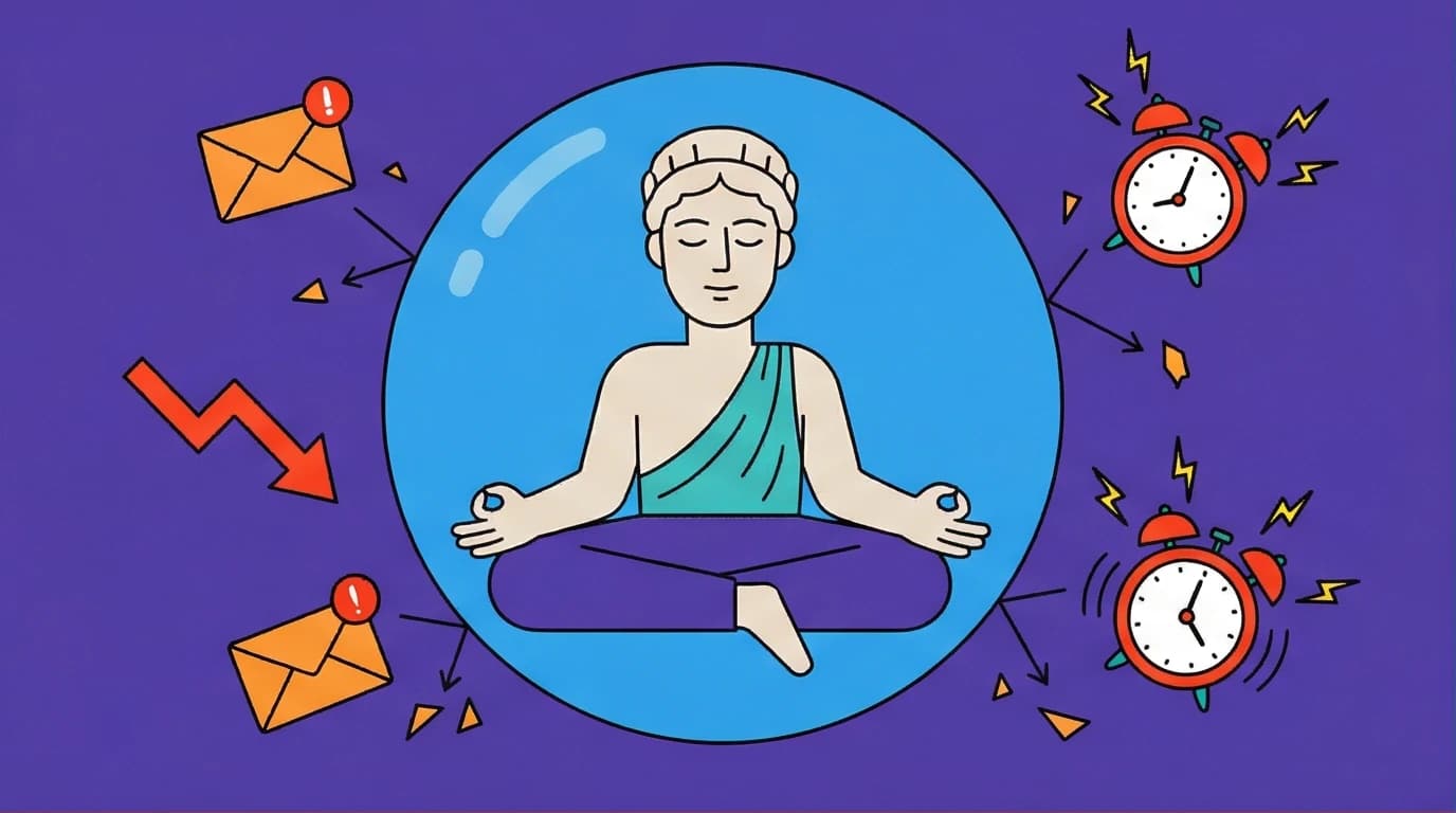 Illustration of a person finding calm and control using Marcus Aurelius quotes, deflecting modern stress icons like emails and notifications.