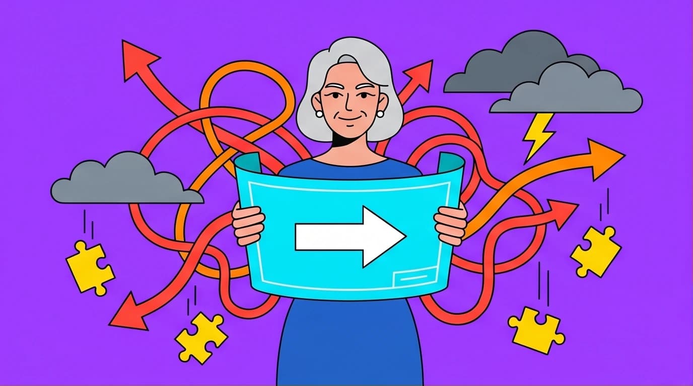 An illustration of a woman holding a simple plan amidst chaos, summarizing the core message from Maye Musk's book 'A Woman Makes a Plan'.