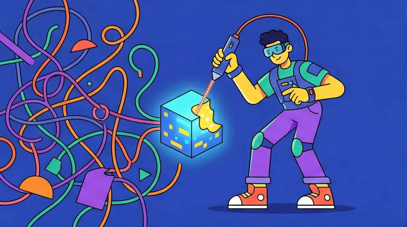 An illustration showing a person breaking a large, complex topic into small, manageable microlearning examples to improve corporate training.