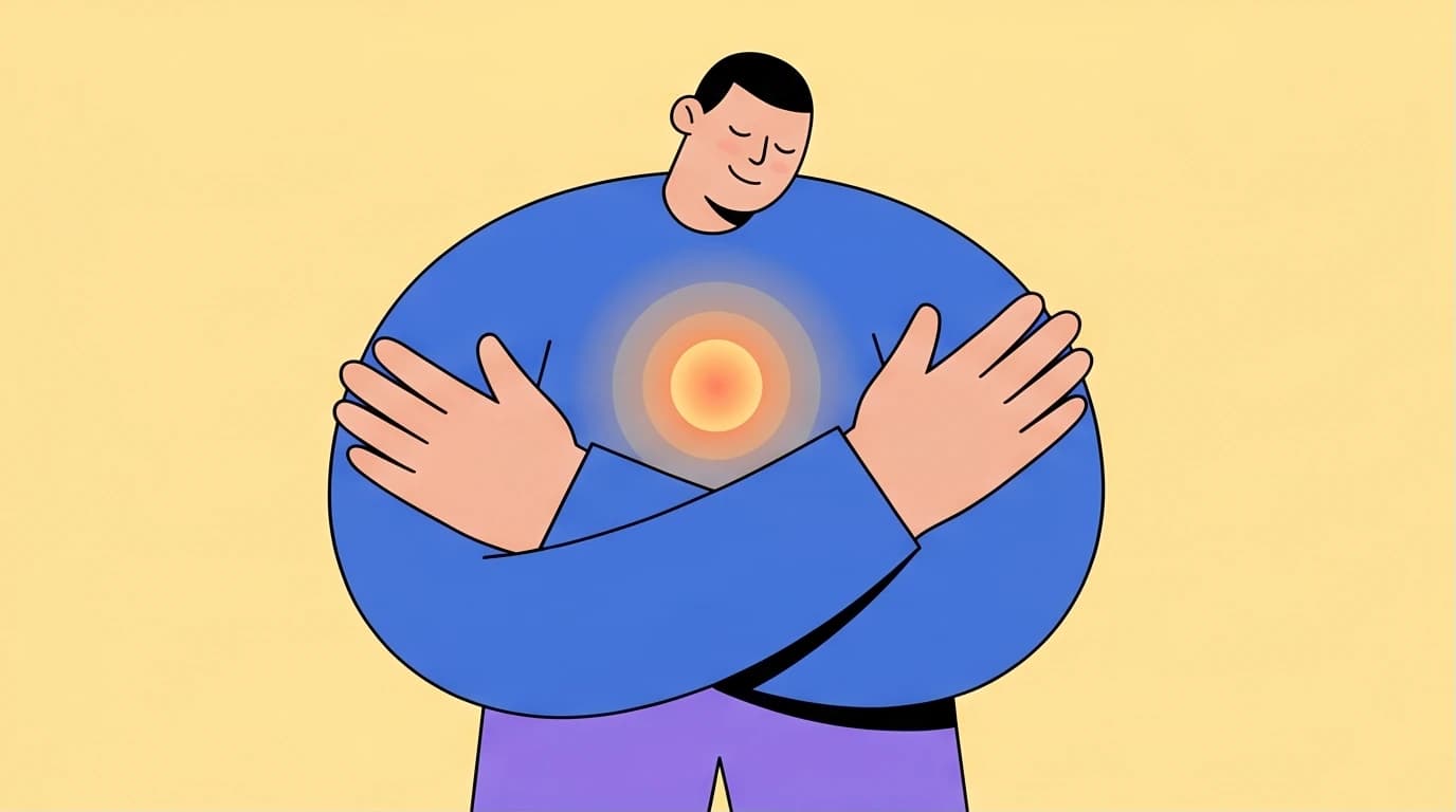 An illustration of a person practicing Mindful Self-Compassion by giving themselves a hug, finding inner peace and reducing anxiety.