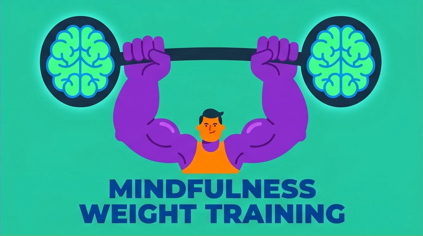 Illustration of a person lifting a dumbbell shaped like a brain, symbolizing mindfulness as a brain training exercise to improve focus.