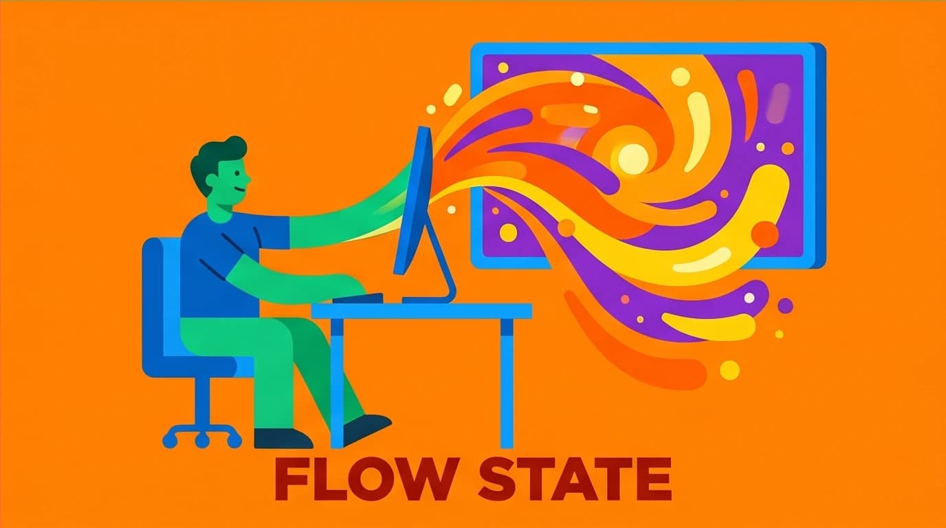 A person entering the 'flow state' at their desk, a state of deep focus and productivity achieved through mindfulness training.