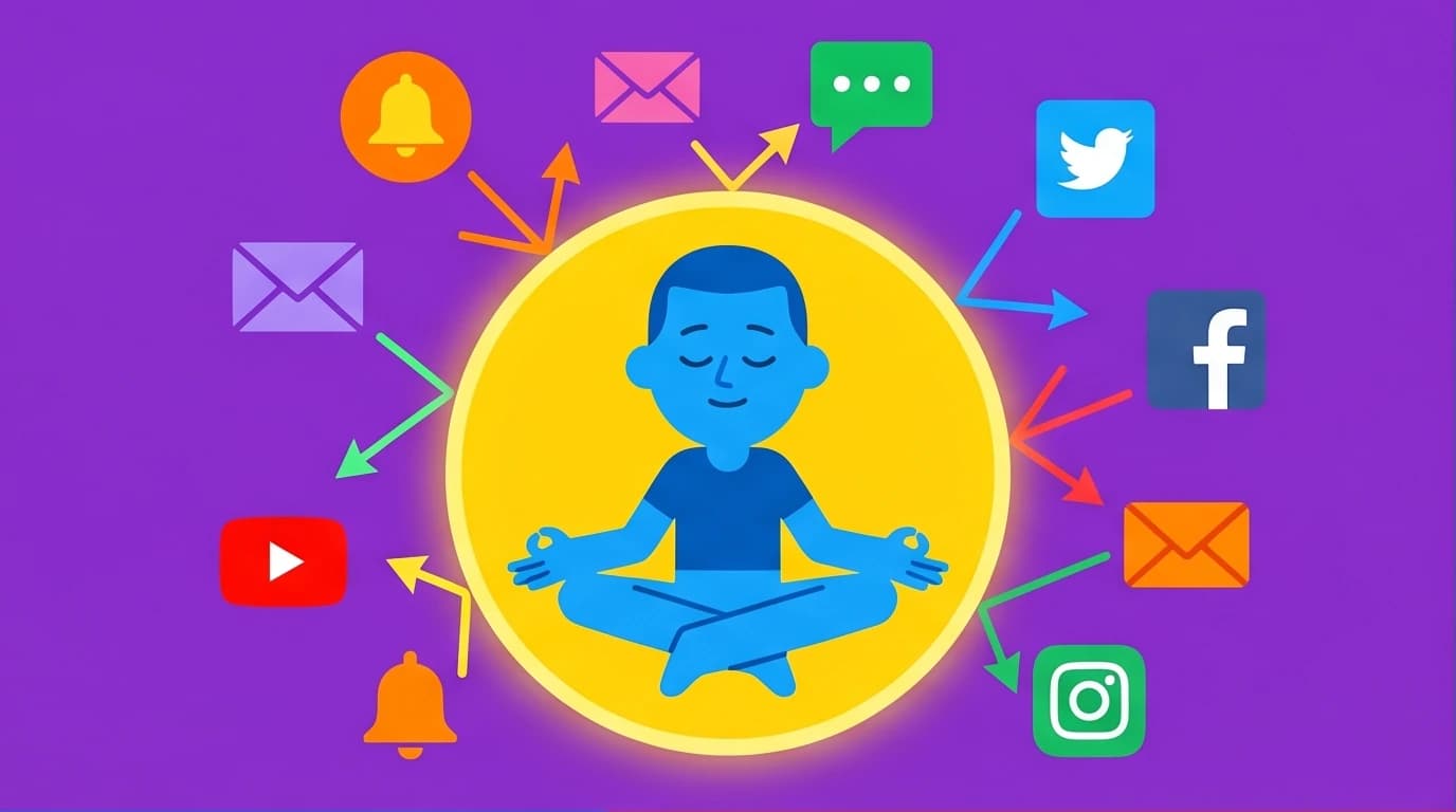 A person uses mindfulness to create a protective shield against digital distractions, improving focus and attention. Corporate Memphis illustration.