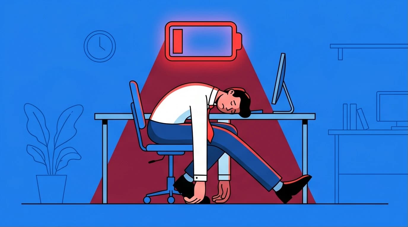 Illustration of an office worker completely drained after work, symbolizing brain fatigue and the need for better energy management.