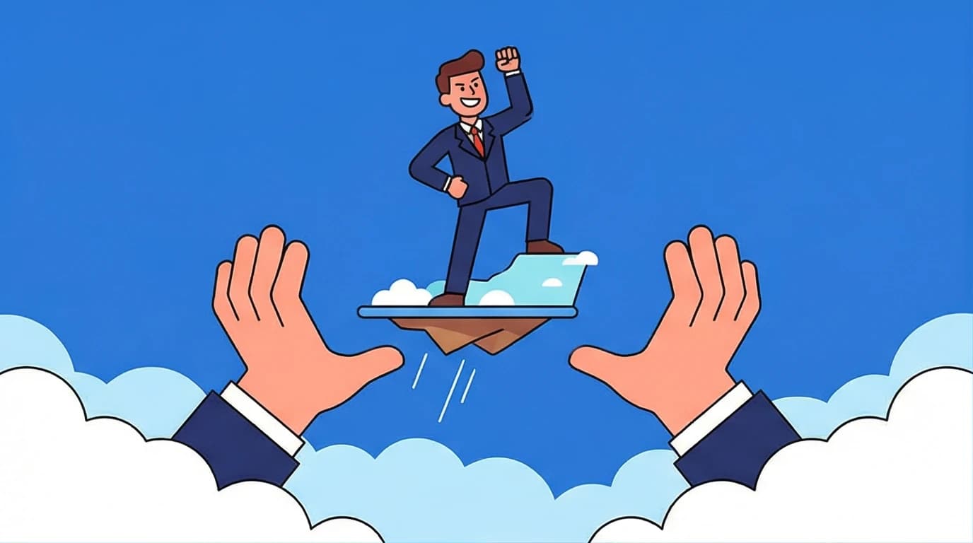 An illustration from our Outliers book summary showing a high achiever being lifted by hidden hands, representing the book's core idea that success depends on unseen advantages.