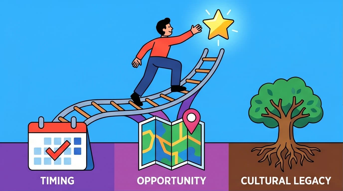 Illustration for Outliers book summary showing success is built on hidden advantages like timing, opportunity, and cultural legacy.