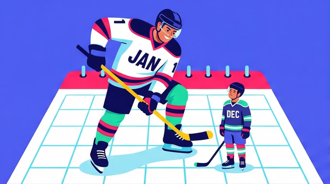 Illustration showing how outliers hockey players born in January gain an unfair advantage over smaller players due to birth dates.