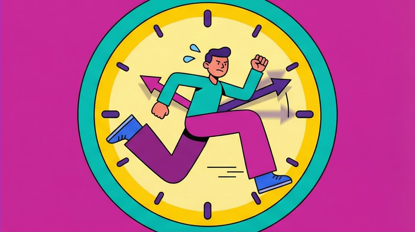 An illustration of the 10,000-hour rule from Malcolm Gladwell's Outliers, with a person endlessly practicing inside a giant clock.