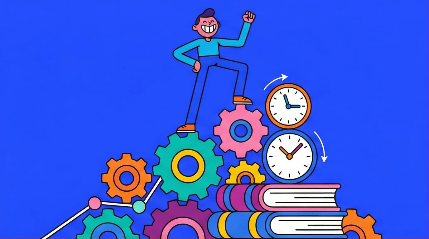 A conceptual illustration of Malcolm Gladwell's rules of success from Outliers, showing a figure on a mountain of clocks and books.