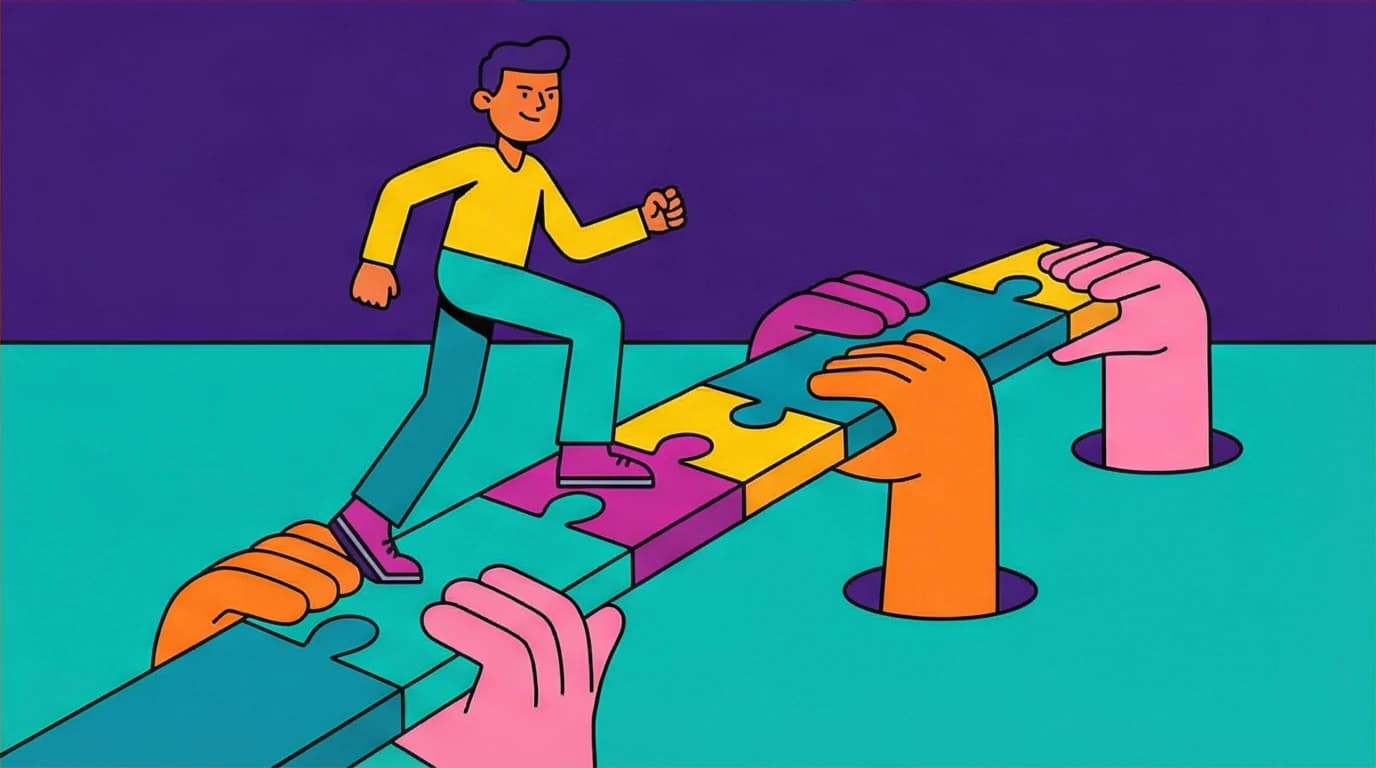 An illustration representing Malcolm Gladwell's concept of hidden opportunities, with unseen hands building a path for a successful person.