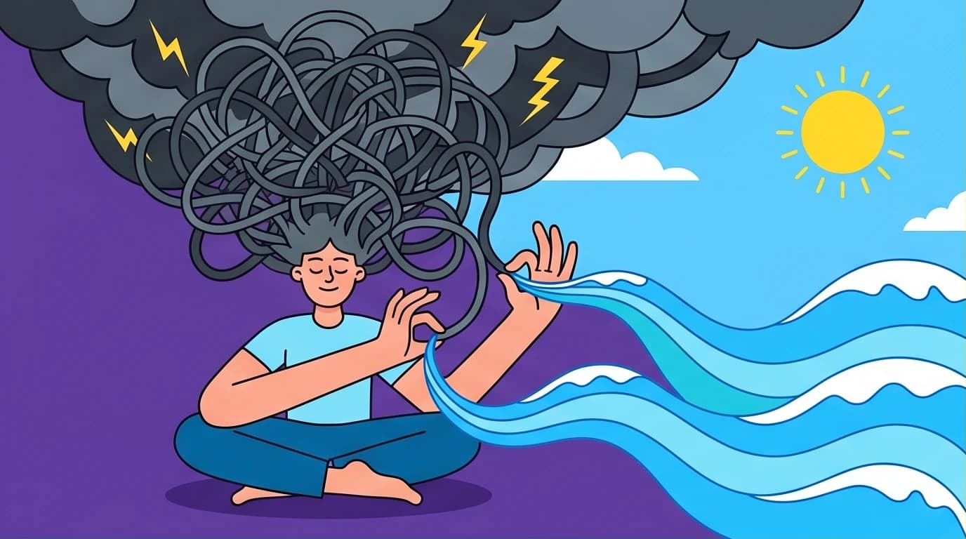 A person untangling a chaotic storm of thoughts to find inner peace, illustrating how to stop internal conflict and anxiety with self-compassion.