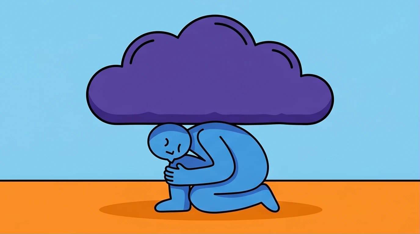 An illustration of a person accepting the weight of sadness, representing the first step in self-healing psychology for overcoming life's lows.