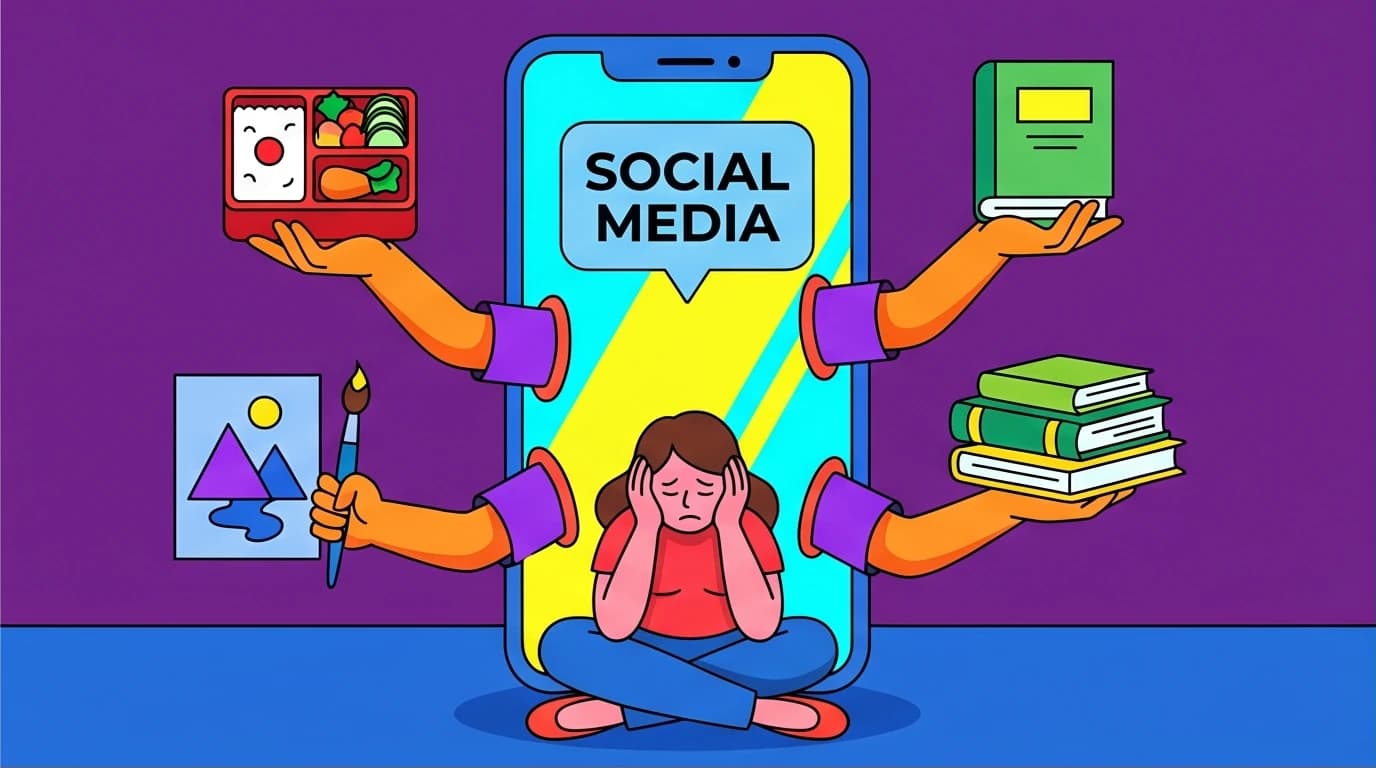 An illustration of a mother feeling overwhelmed by social media perfection, representing the first step in overcoming mom guilt.