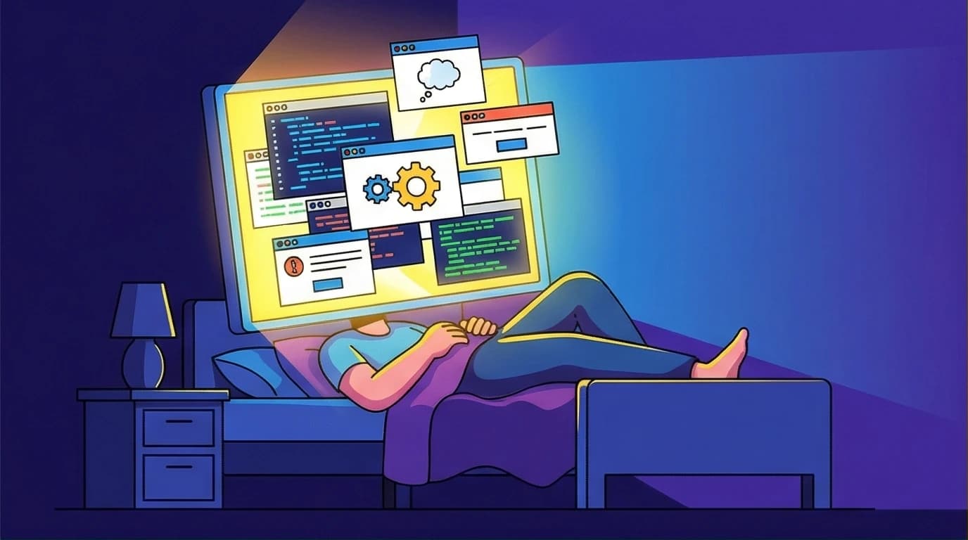 Illustration of a person in bed with their brain as a glowing supercomputer, symbolizing overthinking at night and racing thoughts.