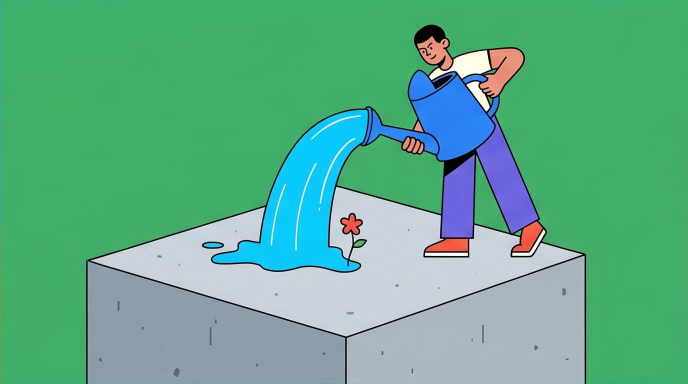 A character watering a flower on a concrete block, symbolizing the core quixotic meaning: a noble, charming, but fundamentally impractical pursuit.
