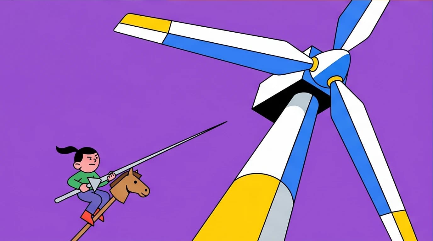 An illustration of a character charging a giant windmill, a visual metaphor for the Don Quixote phrase 'tilting at windmills' meaning.