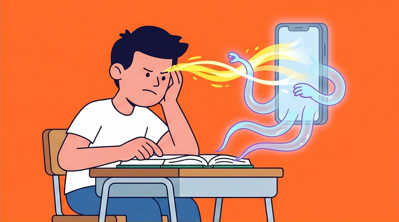 A conceptual illustration visualizing the 'brain drain' effect, where a phone drains cognitive energy from a student, highlighting the science behind banning phones in schools for better learning.