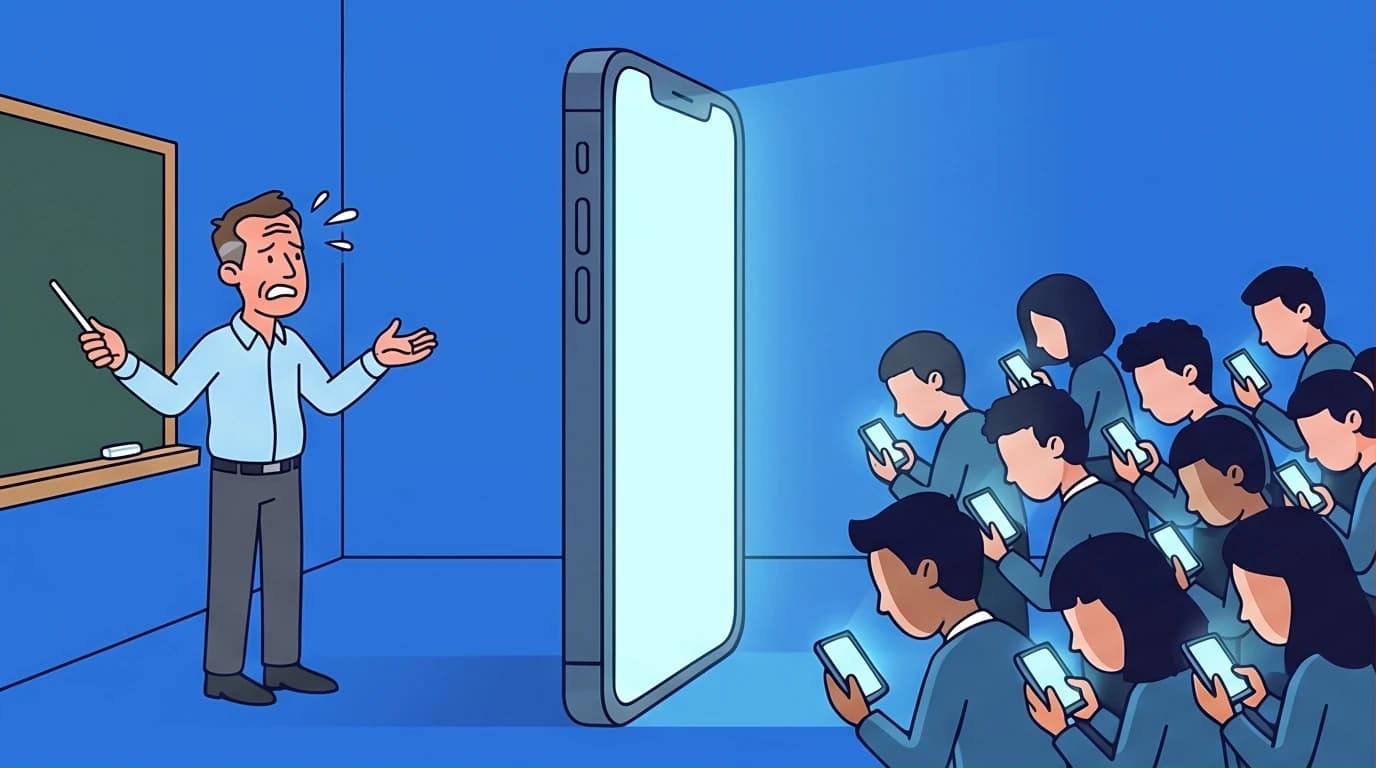 An illustration of a giant smartphone as a wall dividing a teacher and students, symbolizing the need for a school phone ban to restore classroom focus and improve student concentration.