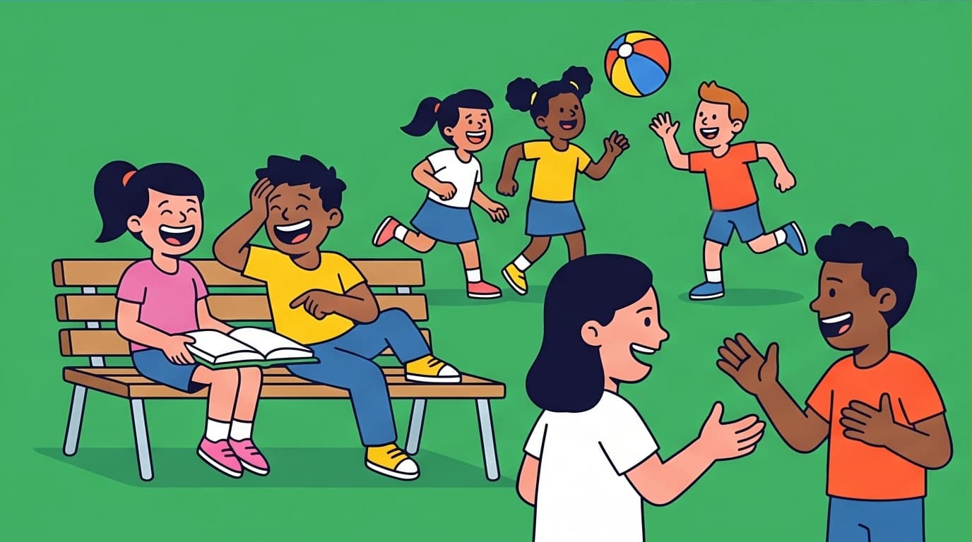 An illustration showing students actively socializing and playing in a schoolyard, demonstrating the positive social benefits and rebuilding of interpersonal skills on a phone-free campus.