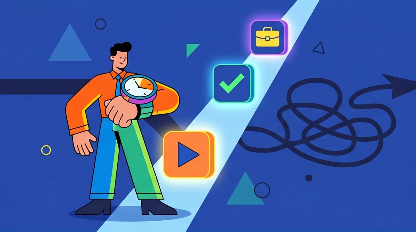An illustration of a busy professional choosing between different online learning platforms, representing the best Skillshare alternatives for their career.