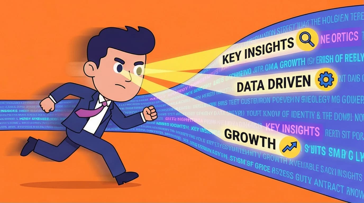 Illustration of a person using skim reading articles for peak productivity, with eyes focusing on key data while moving quickly past text.