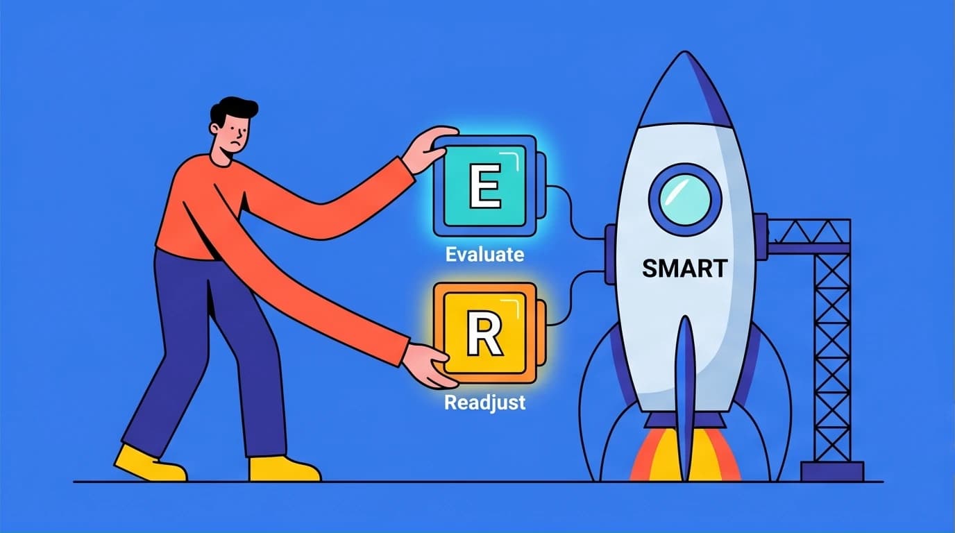 An illustration of the SMARTER principle, showing a person upgrading a SMART goal rocket with 'Evaluate' and 'Readjust' modules for better goal setting.