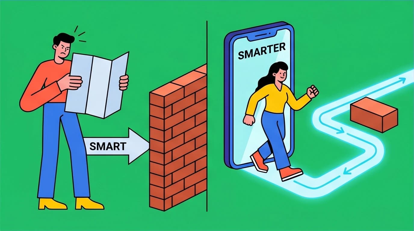A comparison showing the SMART vs SMARTER difference: a static map leading to a wall versus a dynamic GPS navigating around obstacles.