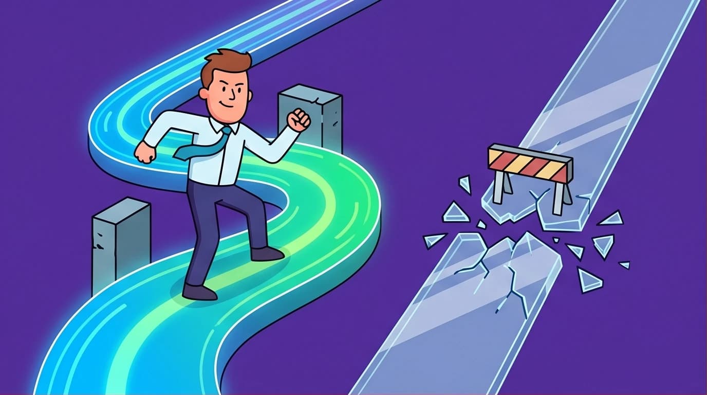 An illustration showing the dynamic path of the SMARTER goals framework adapting to obstacles, contrasted with a rigid, shattering path.
