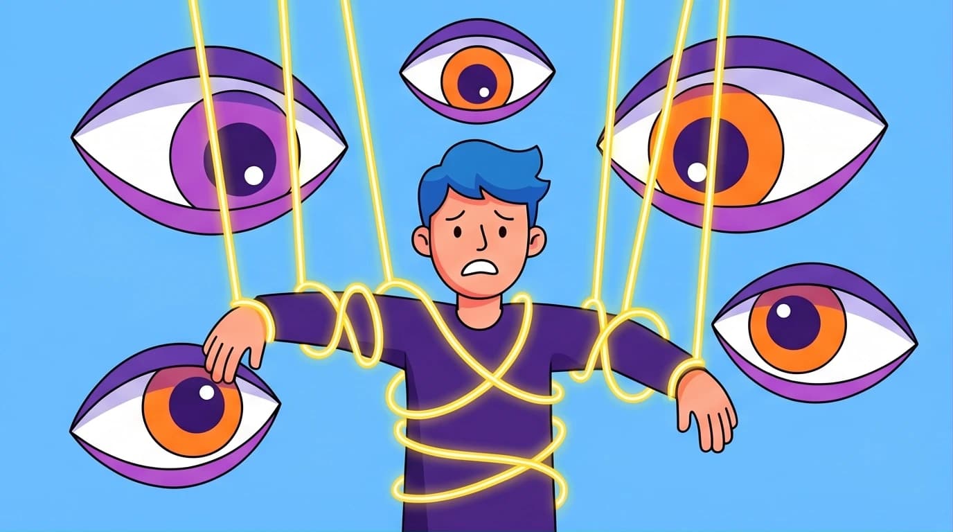 An illustration of a person tangled in strings controlled by giant eyes, symbolizing the root causes of social anxiety and the deep fear of being judged by others.