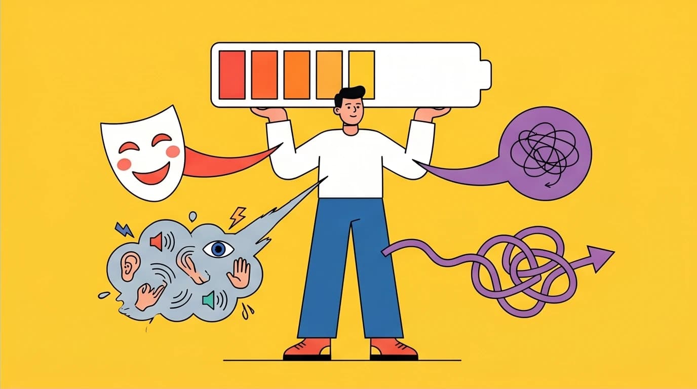 A visual metaphor for the causes of mental friction, showing a person's energy being drained by emotional labor, high sensitivity (HSP), and rumination, leading to anxiety fatigue.