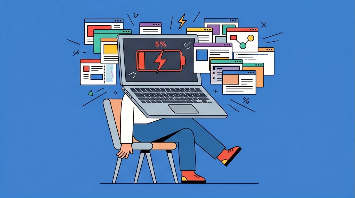 An illustration of a person experiencing mental friction, with a head like a laptop showing a low battery and too many tabs open, representing anxiety fatigue and the need for psychological boundaries.