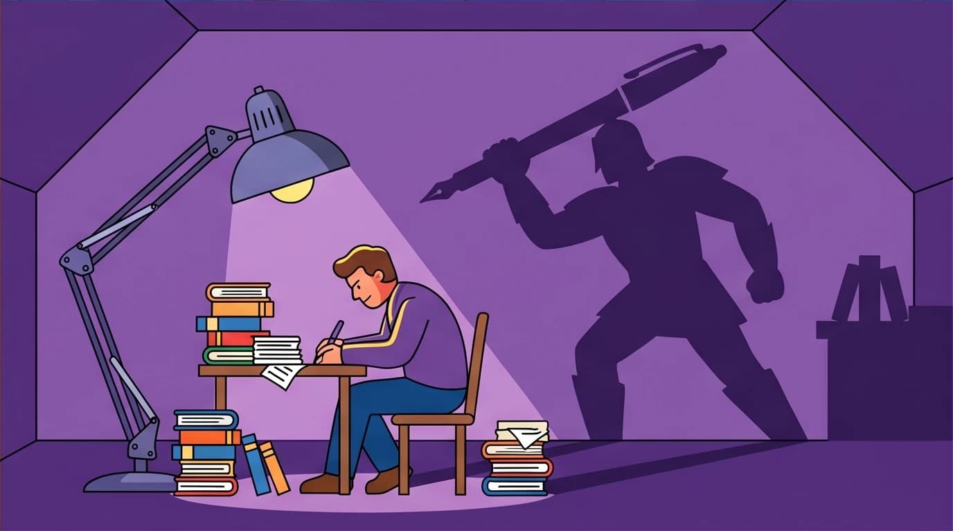 An illustration of Su Beng writing 'Taiwan's 400 Year History' alone at night, his shadow as a warrior, symbolizing his intellectual fight for Taiwan.