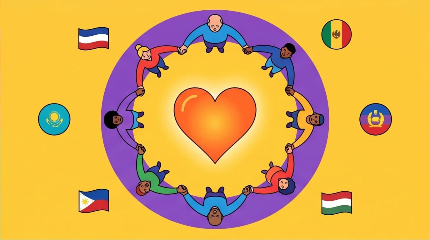 A visual representation of Su Beng's quote 'First be a human,' showing diverse people united by universal values over national identity.