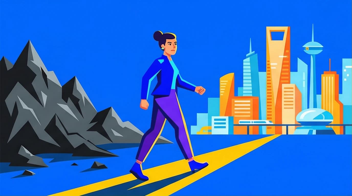 An illustration of author Tara Westover now, walking away from a desolate mountain towards a bright city, symbolizing her life after 'Educated'.