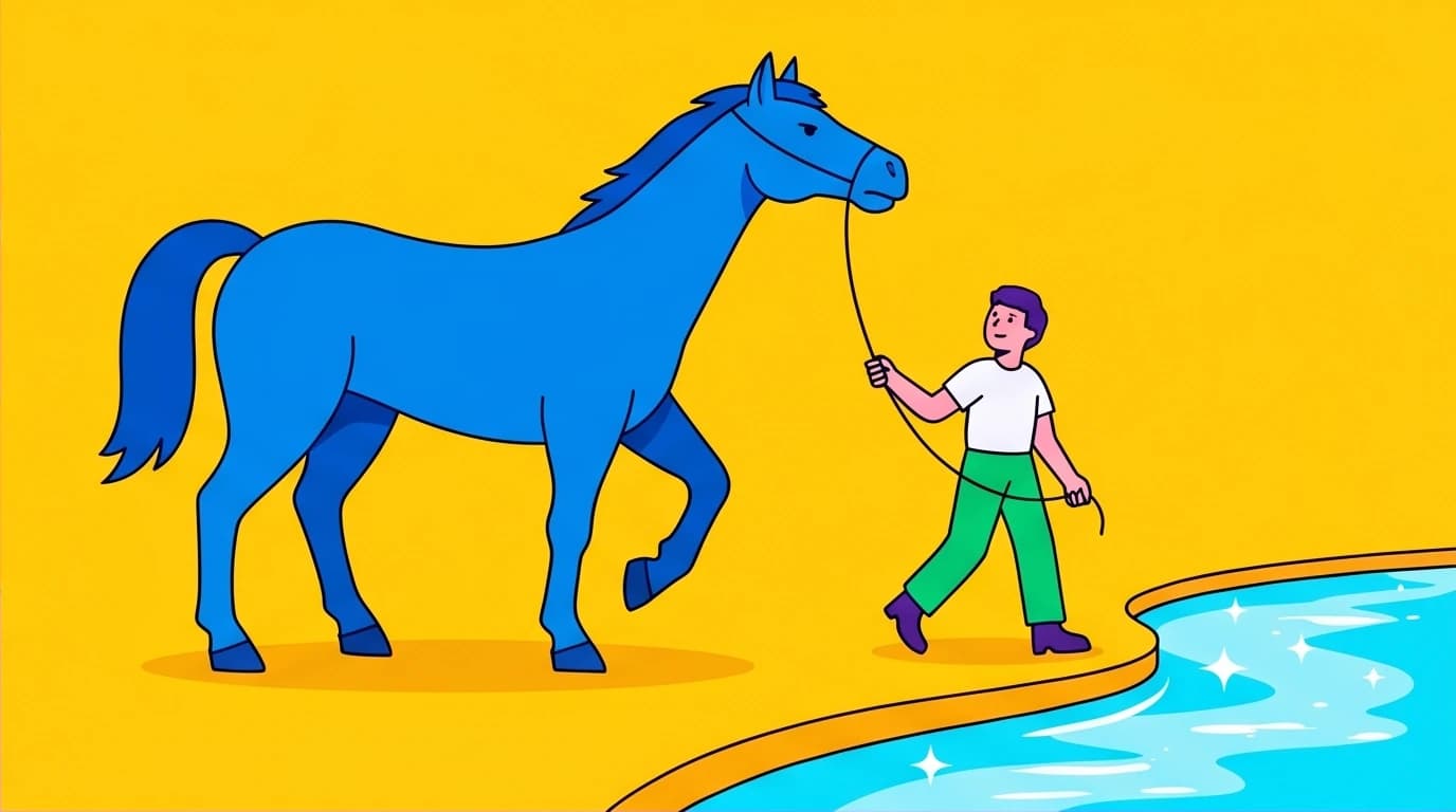 The Adlerian metaphor for task separation: a person leads a giant horse to water but cannot force it to drink, illustrating personal responsibility.