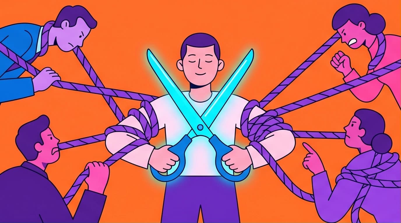 A person cutting tangled ropes to break free from emotional blackmail, symbolizing setting interpersonal boundaries using Adlerian psychology's task separation.