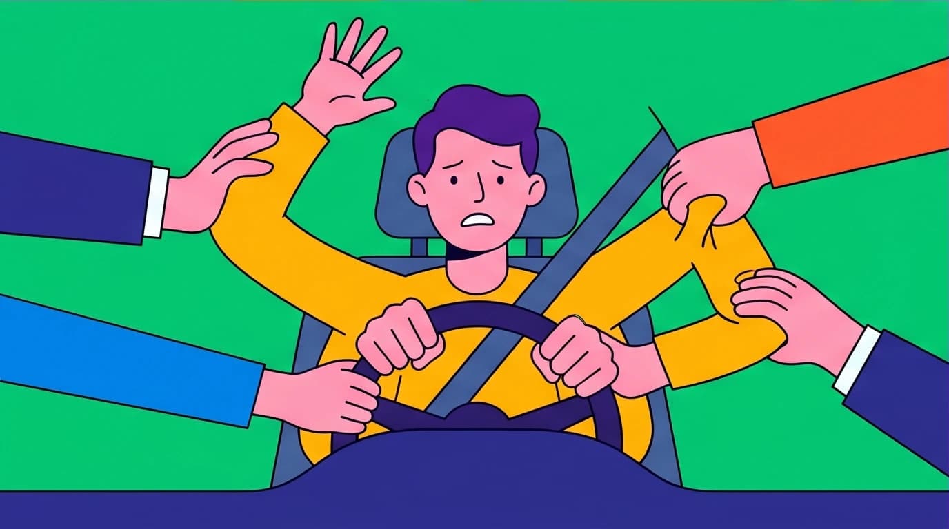 A visual metaphor for losing life's control where outside hands grab the steering wheel, highlighting the need for task separation to set boundaries.