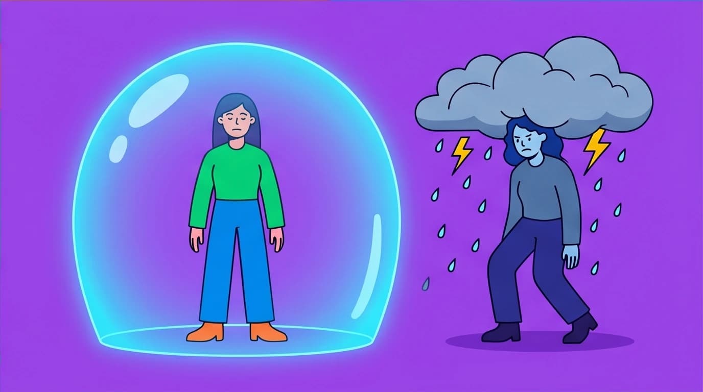 A character stays calm inside a shield, protected from another's anger, representing the key step of setting healthy interpersonal boundaries.