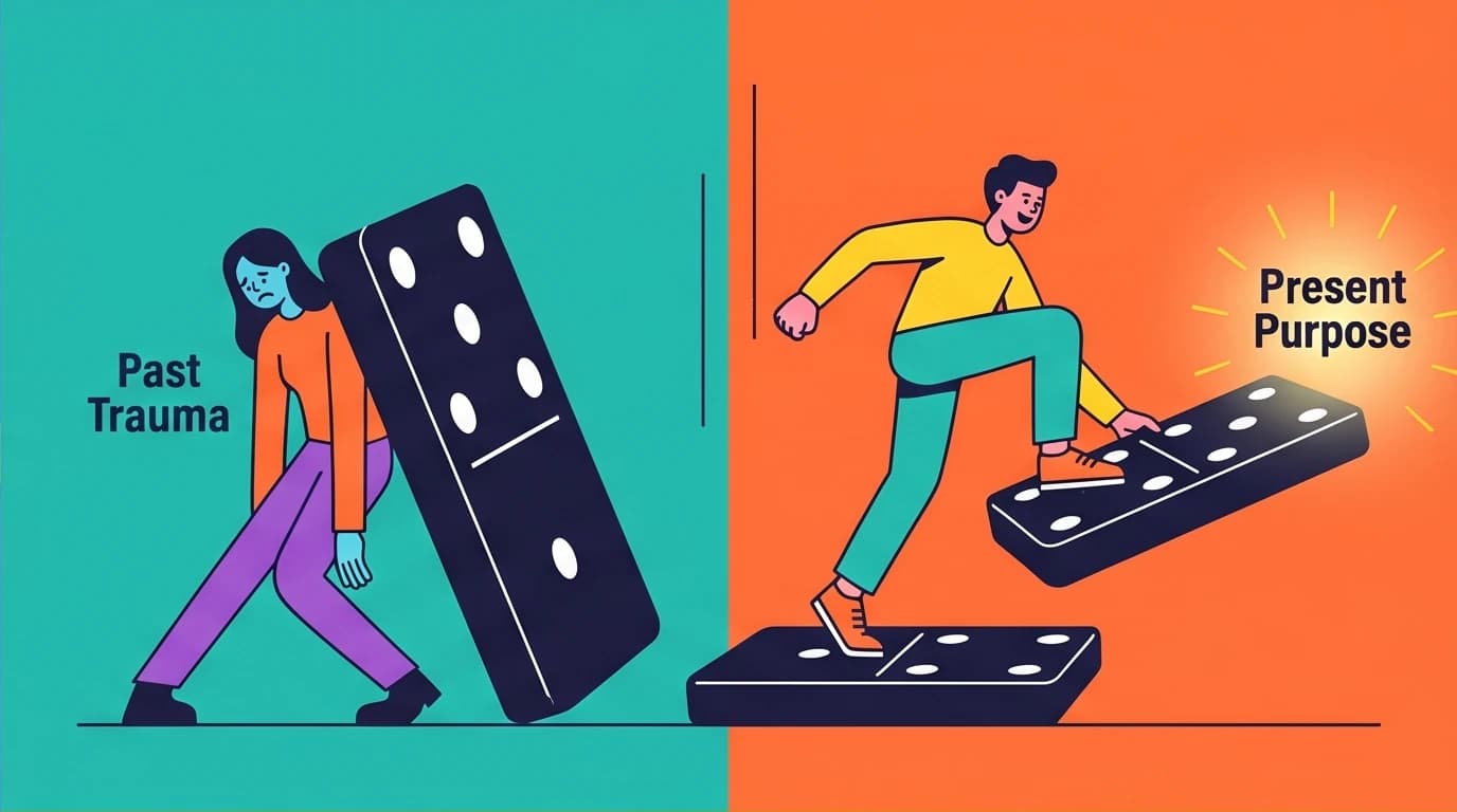 Comparison of Determinism (crushed by past trauma) and Adler's Teleology (using past for a purpose). Corporate Memphis illustration.